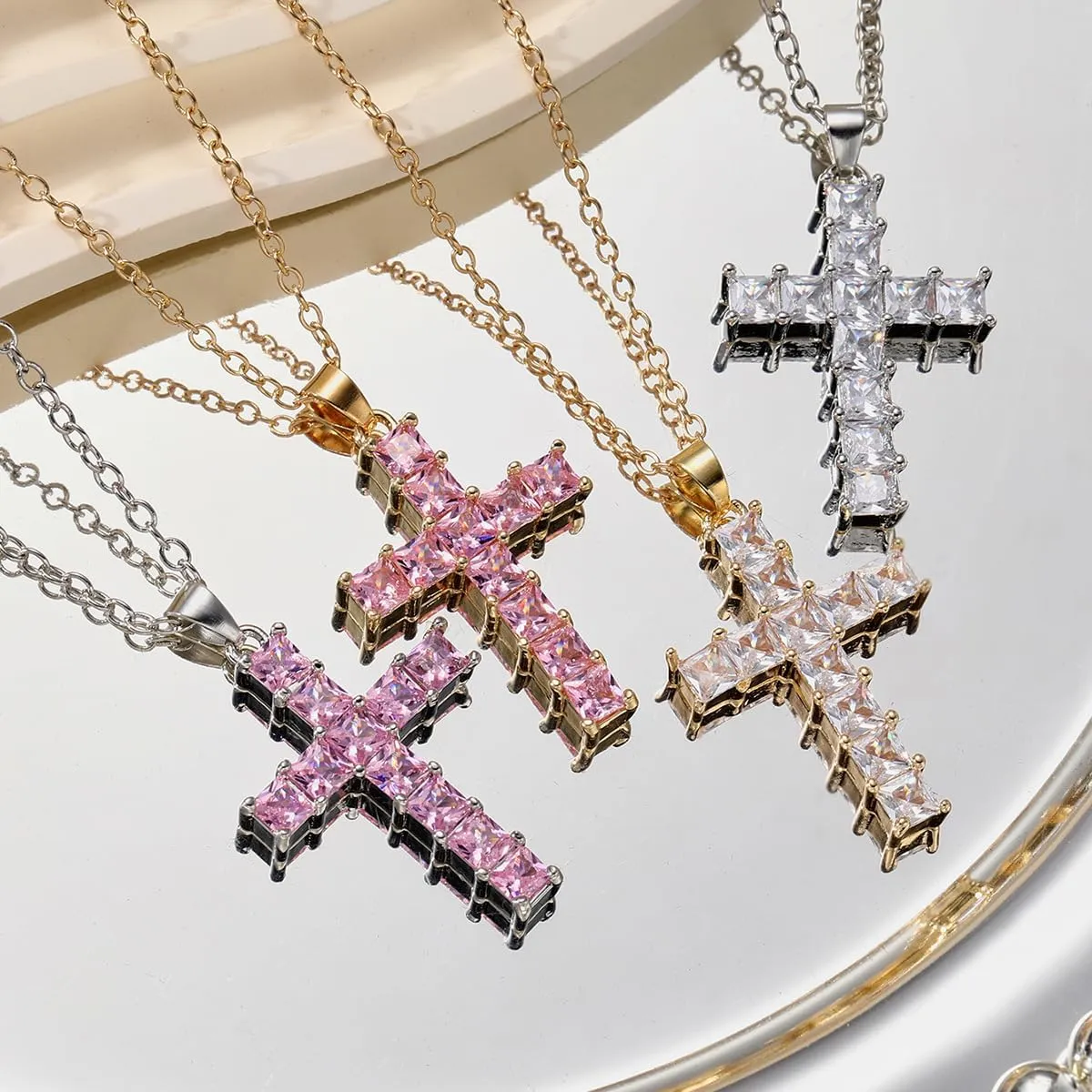 Minimalist CZ Cross Pendant Necklace for Women Hypoallergenic Clear Crystal Pink Birthstone Statement Link Chain Necklaces Adjustable Fashion Chic Jewelry for Halloween Christmas Party 18 Inches
