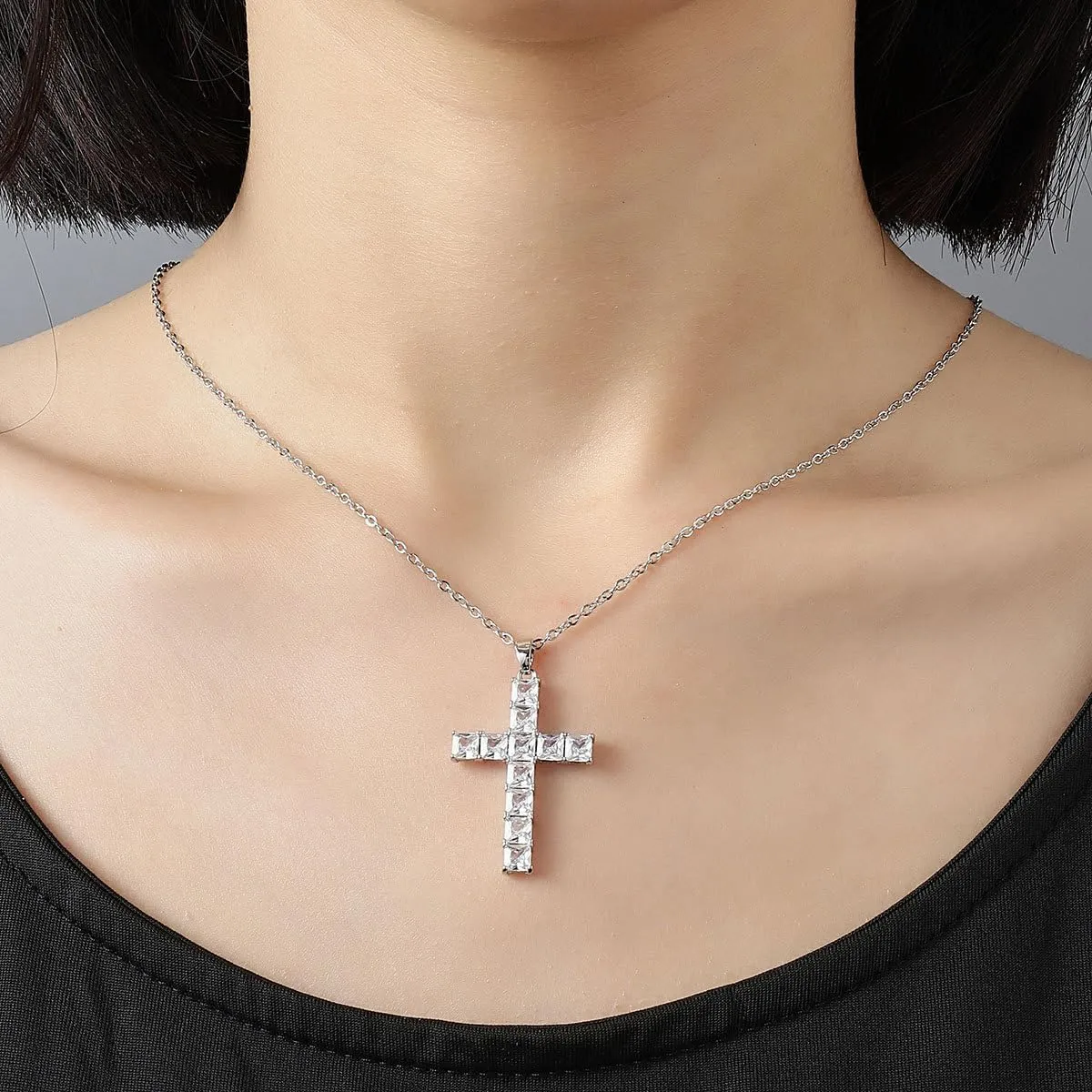 Minimalist CZ Cross Pendant Necklace for Women Hypoallergenic Clear Crystal Pink Birthstone Statement Link Chain Necklaces Adjustable Fashion Chic Jewelry for Halloween Christmas Party 18 Inches