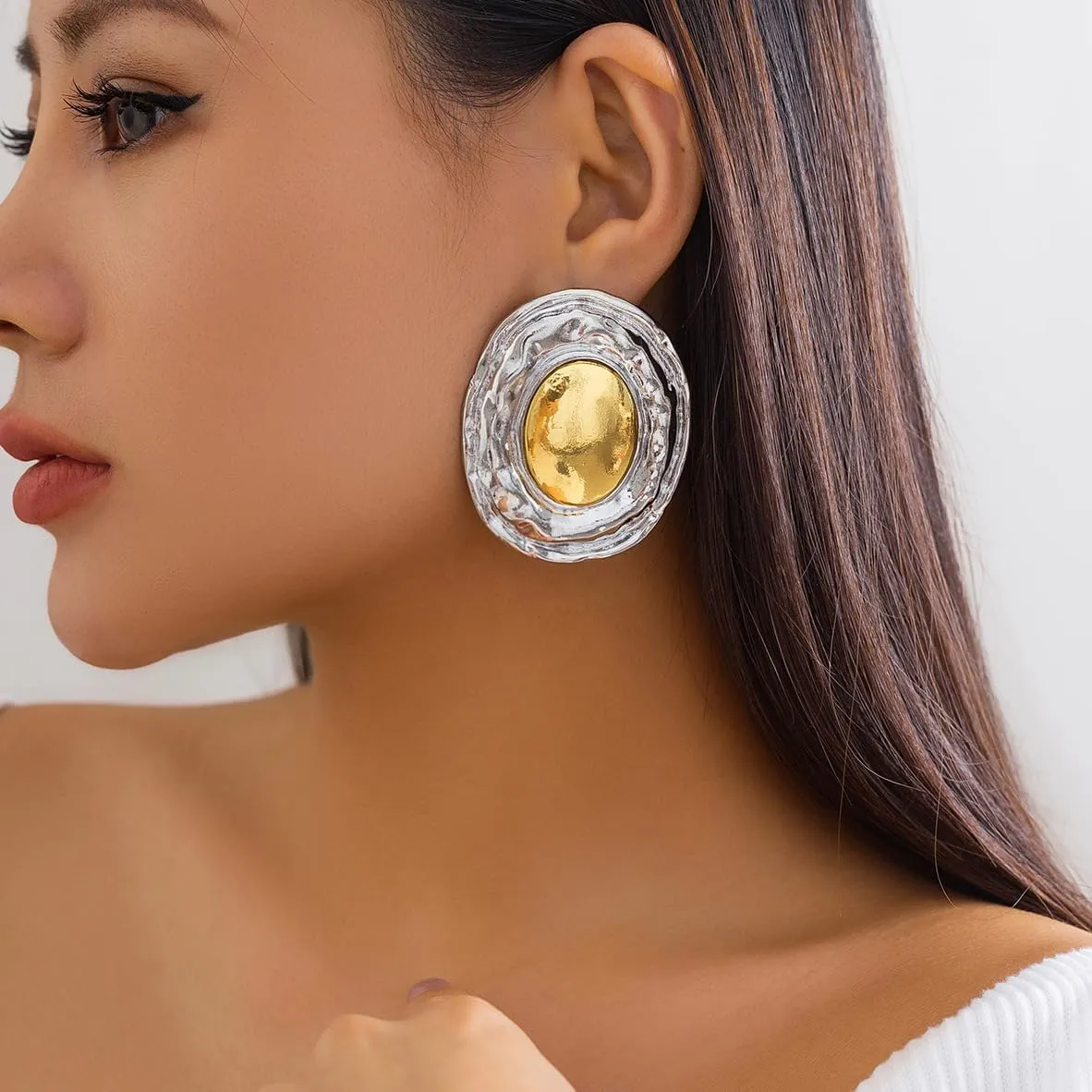 Mixed Metal Statement Earrings for Women Gold Chunky Earrings Big Stud Large Geometric Drop Dangle Earring Silver Oval Round Pebble Shaped Earring Gold Chunky Jewelry