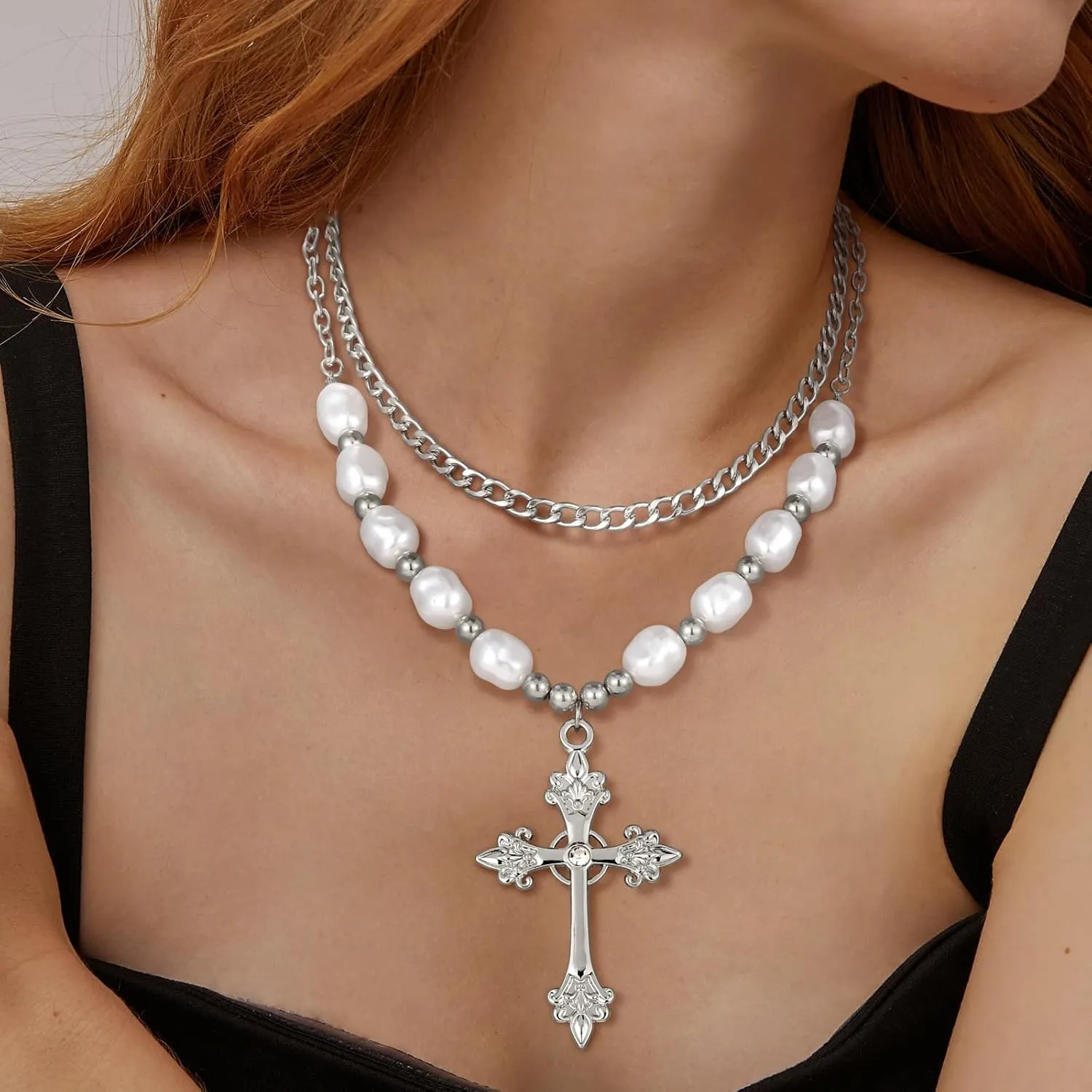 MJartoria Layered Faux Pearl Cross Necklace Statement Necklace for Women Dainty Chain Choker Necklace Party Wedding Jewelry Set Gifts
