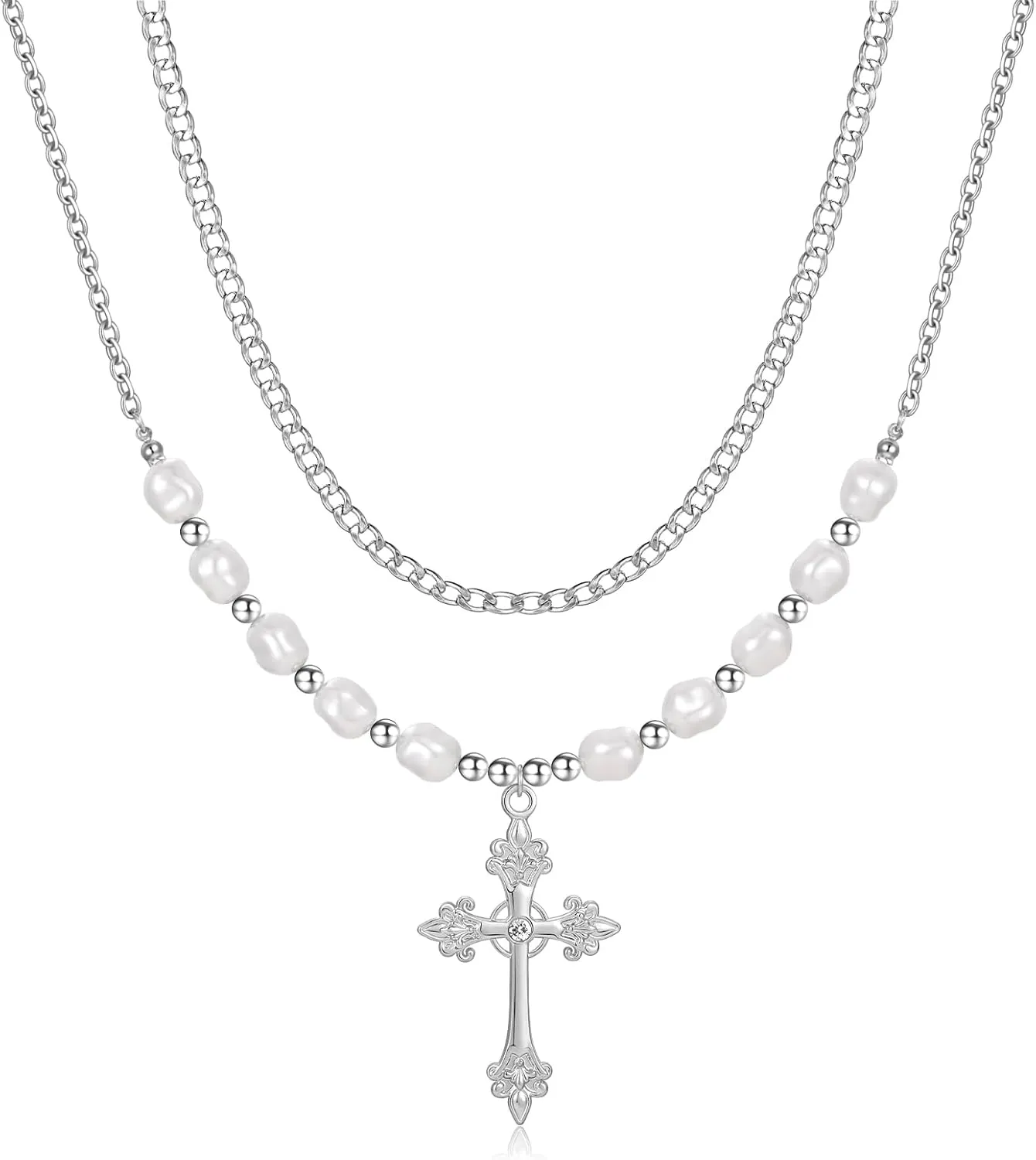 MJartoria Layered Faux Pearl Cross Necklace Statement Necklace for Women Dainty Chain Choker Necklace Party Wedding Jewelry Set Gifts