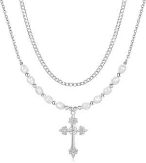 MJartoria Layered Faux Pearl Cross Necklace Statement Necklace for Women Dainty Chain Choker Necklace Party Wedding Jewelry Set Gifts