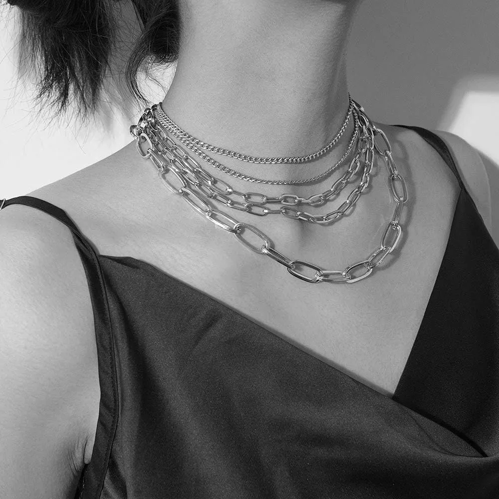 MOKAVIKY 25 Punk Chunky Necklaces for women Silver Chain Goth Layered Necklace