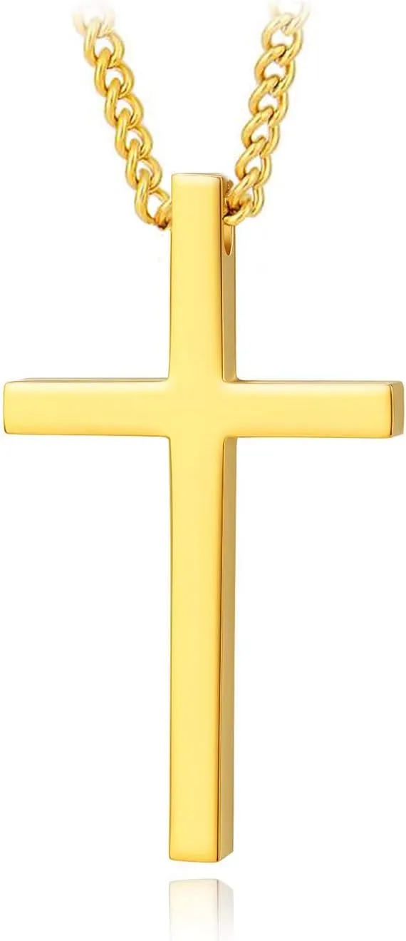 MOMOL Cross Pendant Necklace 18K Gold Plated Stainless Steel Simple Big Cross Pendant Necklaces Large Dainty Christian Cross Necklace for Men Women