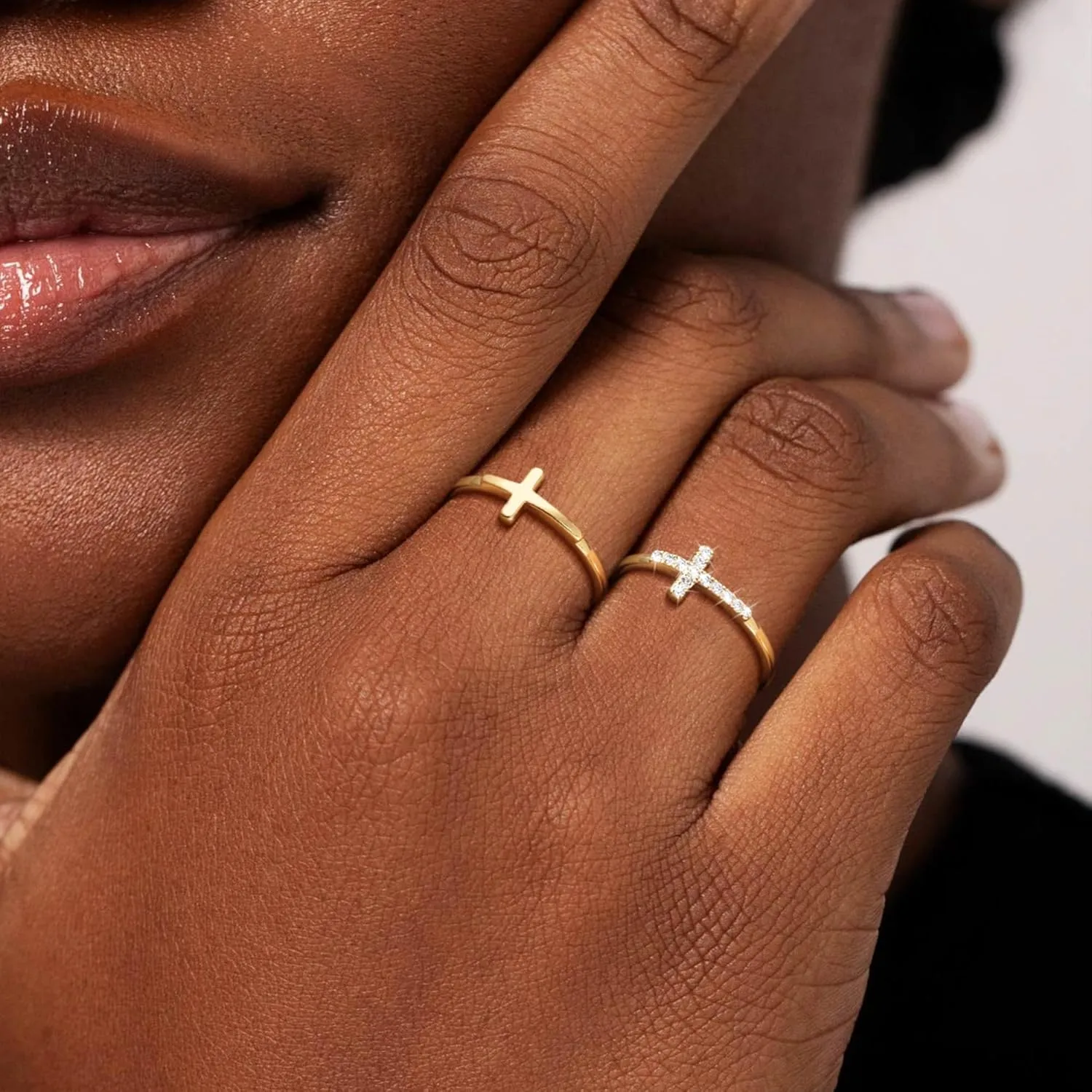 Moodear Dainty 2Pcs Cross Ring Set - Thin 14K Gold Plated Stackable Thumb Non Tarnish CZ Rings for Women Trendy Jewelry Size 5-10