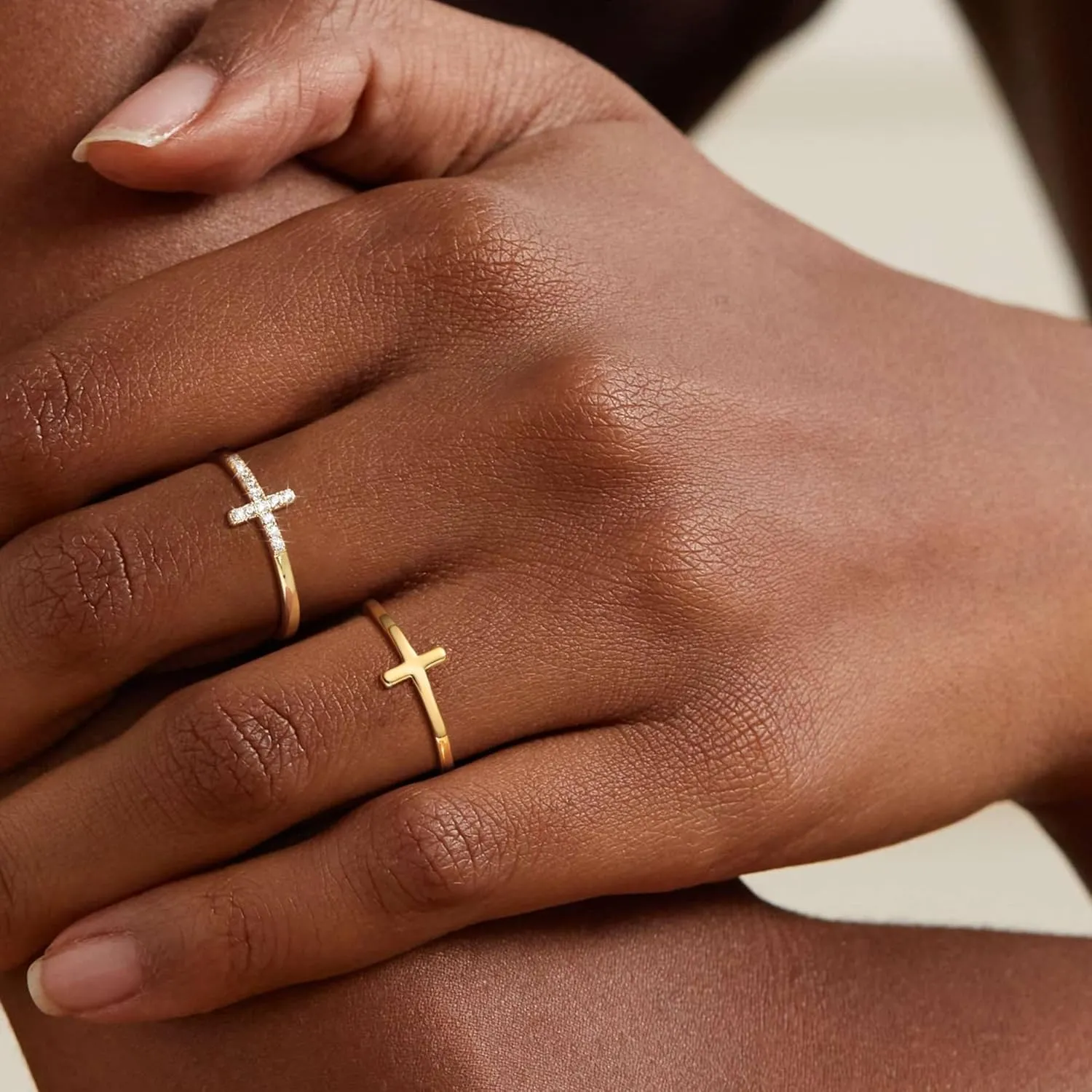 Moodear Dainty 2Pcs Cross Ring Set - Thin 14K Gold Plated Stackable Thumb Non Tarnish CZ Rings for Women Trendy Jewelry Size 5-10