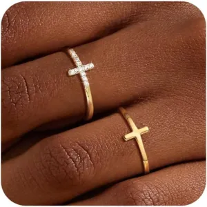 Moodear Dainty 2Pcs Cross Ring Set - Thin 14K Gold Plated Stackable Thumb Non Tarnish CZ Rings for Women Trendy Jewelry Size 5-10