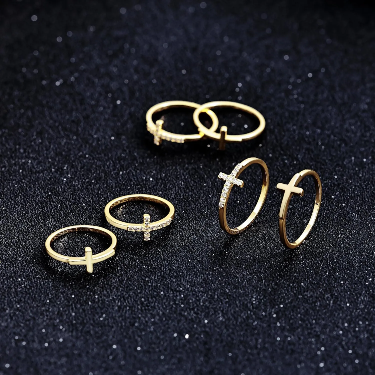 Moodear Dainty 2Pcs Cross Ring Set - Thin 14K Gold Plated Stackable Thumb Non Tarnish CZ Rings for Women Trendy Jewelry Size 5-10