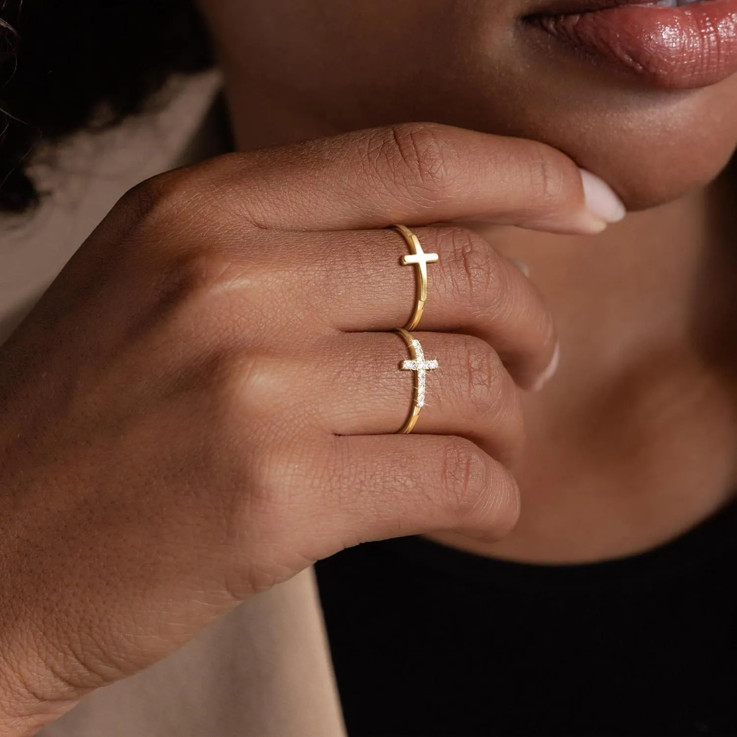 Moodear Dainty 2Pcs Cross Ring Set - Thin 14K Gold Plated Stackable Thumb Non Tarnish CZ Rings for Women Trendy Jewelry Size 5-10