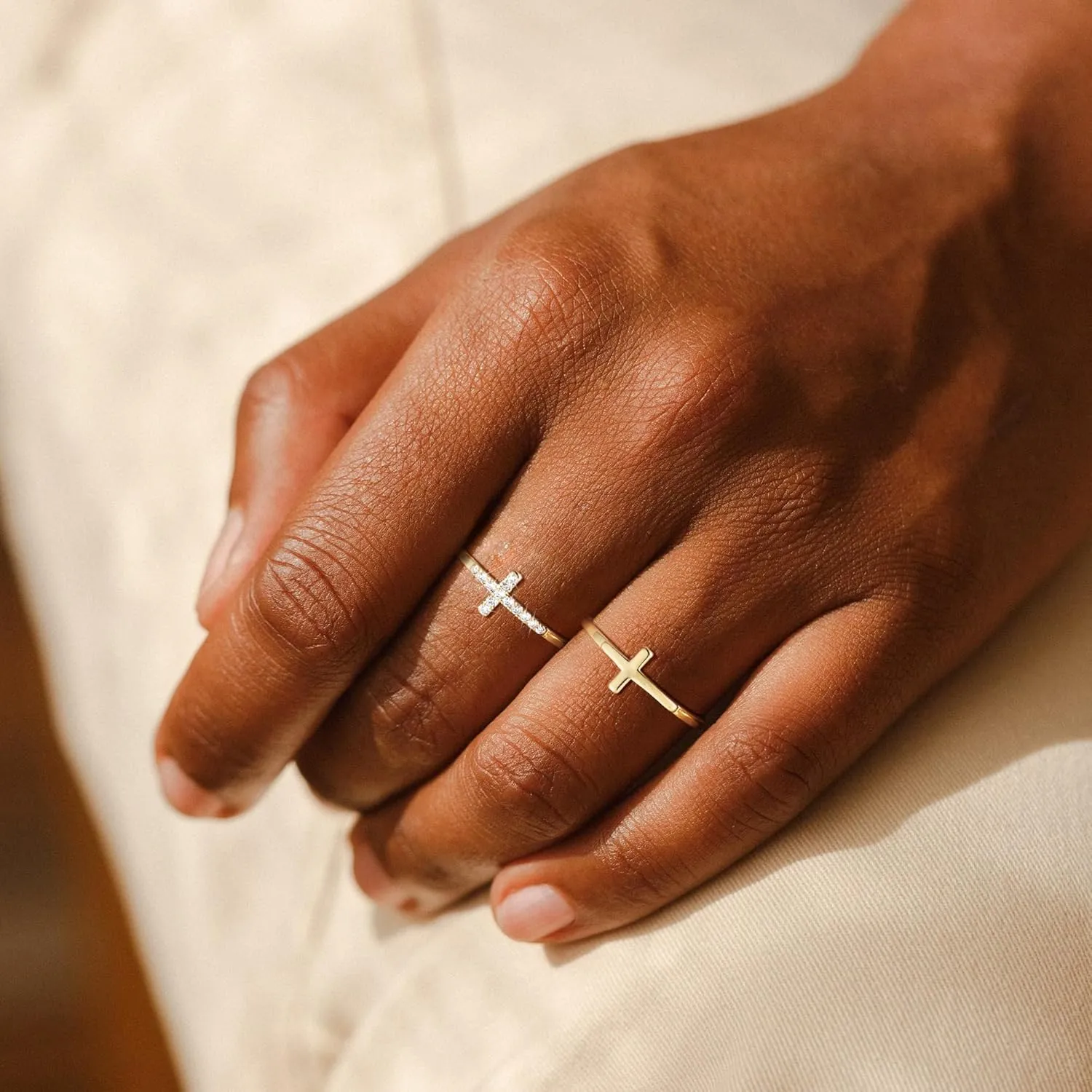 Moodear Dainty 2Pcs Cross Ring Set - Thin 14K Gold Plated Stackable Thumb Non Tarnish CZ Rings for Women Trendy Jewelry Size 5-10