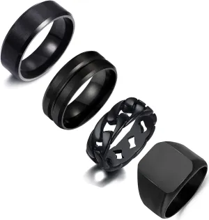 MOZAKA 4Pcs Stainless Steel Black Signet Solid Biker Ring For Men Polished Matte Grooved Edges Cuban Link Band Rings Set Size 7-12