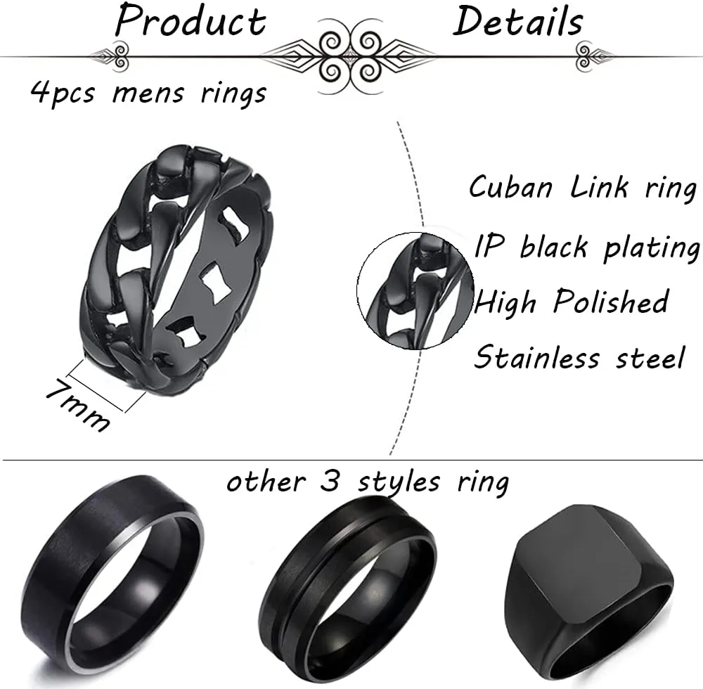 MOZAKA 4Pcs Stainless Steel Black Signet Solid Biker Ring For Men Polished Matte Grooved Edges Cuban Link Band Rings Set Size 7-12