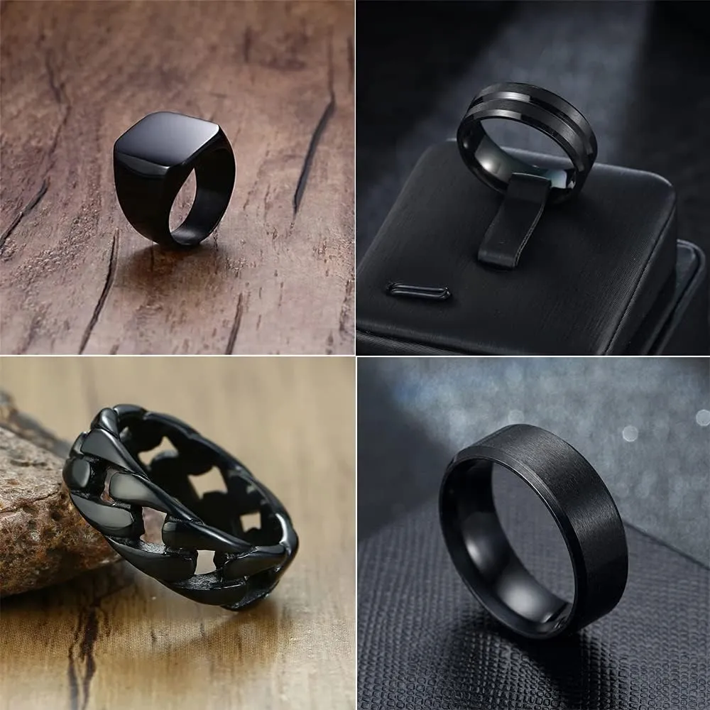 MOZAKA 4Pcs Stainless Steel Black Signet Solid Biker Ring For Men Polished Matte Grooved Edges Cuban Link Band Rings Set Size 7-12