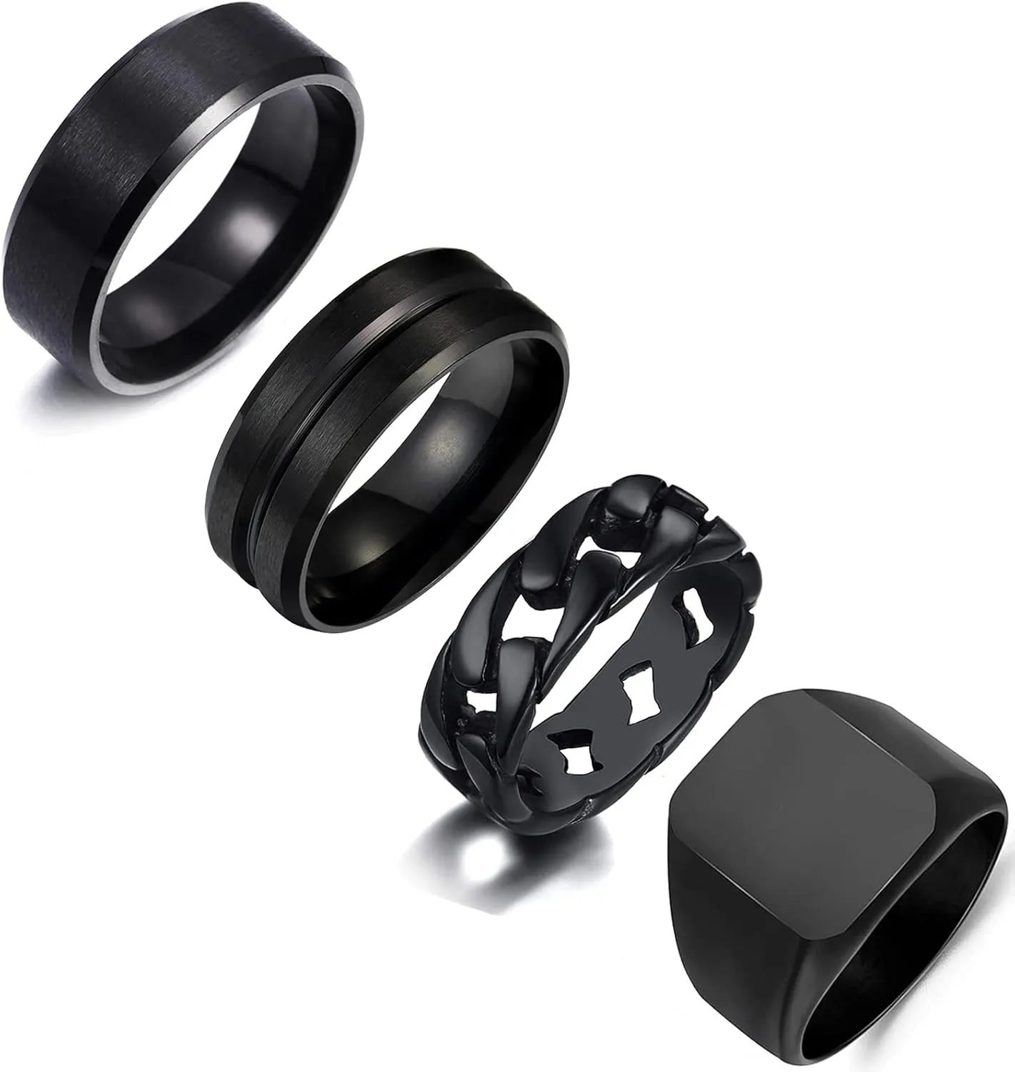 MOZAKA 4Pcs Stainless Steel Black Signet Solid Biker Ring For Men Polished Matte Grooved Edges Cuban Link Band Rings Set Size 7-12