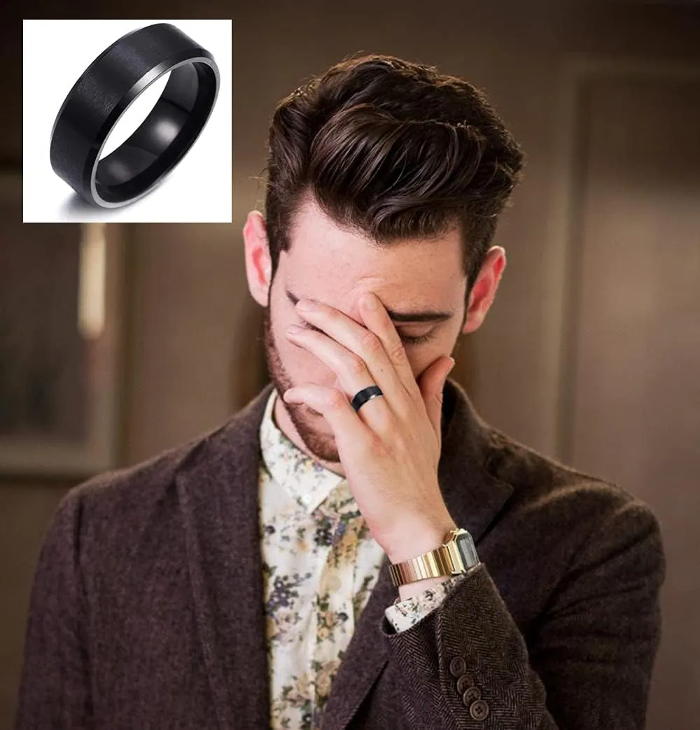 MOZAKA 4Pcs Stainless Steel Black Signet Solid Biker Ring For Men Polished Matte Grooved Edges Cuban Link Band Rings Set Size 7-12