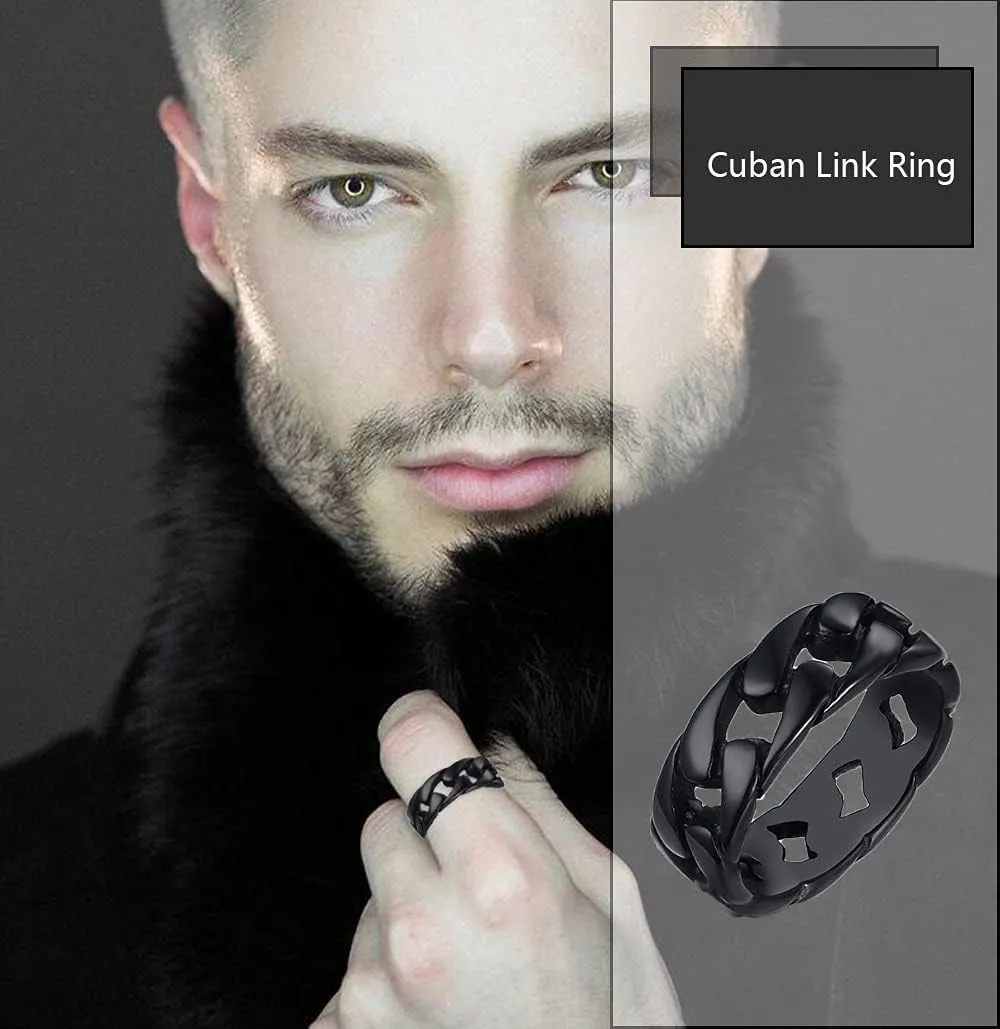 MOZAKA 4Pcs Stainless Steel Black Signet Solid Biker Ring For Men Polished Matte Grooved Edges Cuban Link Band Rings Set Size 7-12