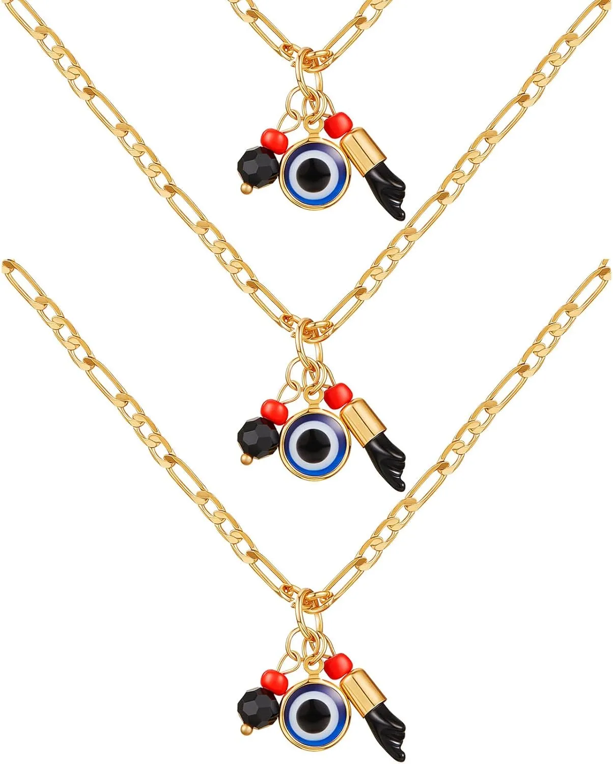 MTLEE 3 Pieces Gold Plated Azabache Evil Eye Necklace Figa Protection Jewelry