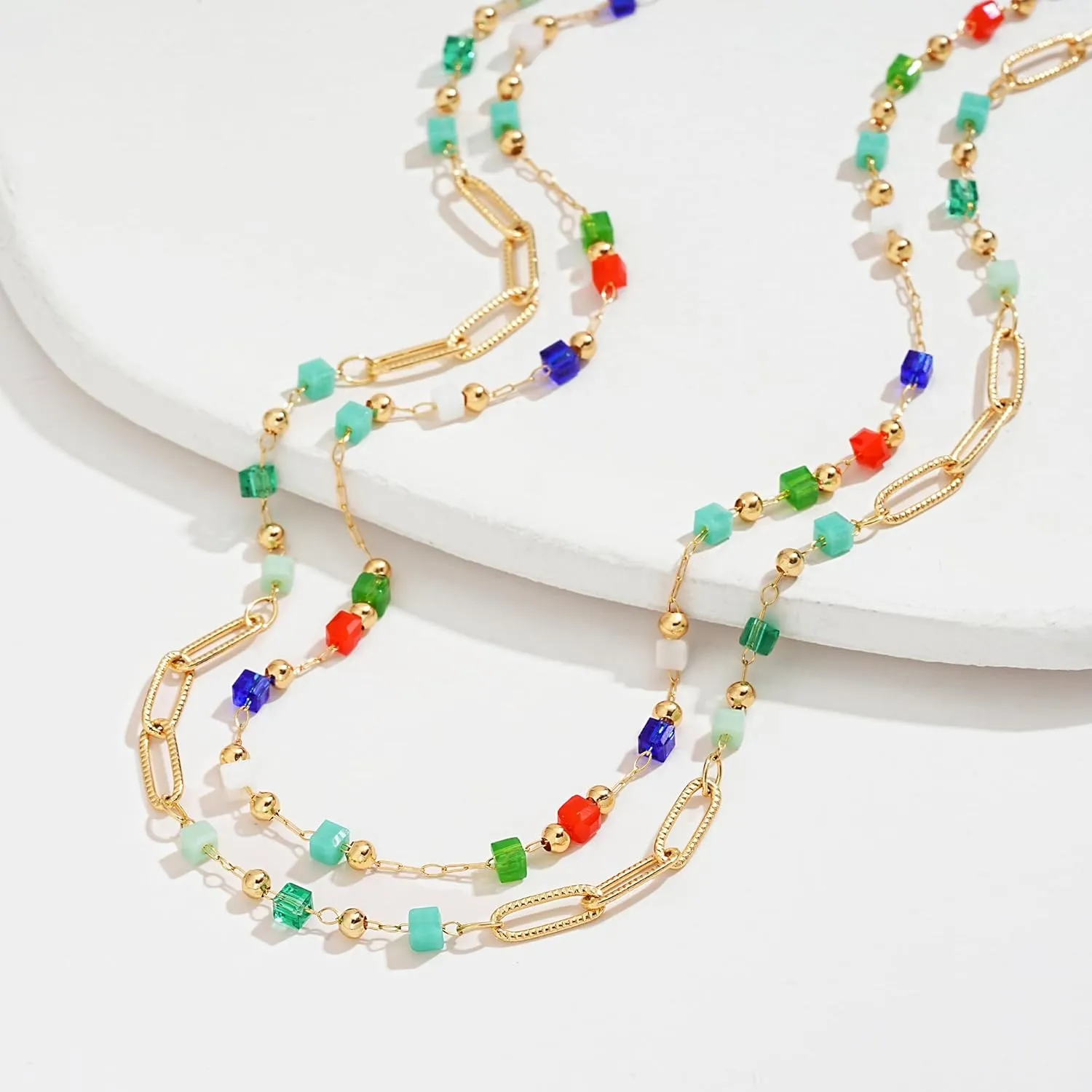 MTMY Beaded Necklaces for Women 14K Gold Plated Dainty Colorful Green/Rose Beaded Pearl Choker Necklace Delicate Boho Choker Necklace Jewelry Gift
