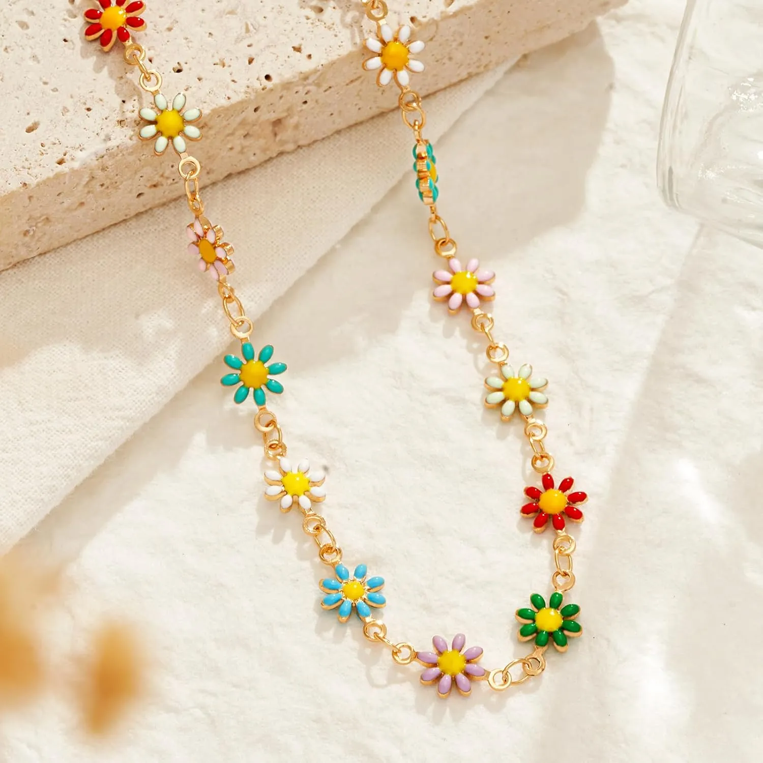 MTMY Beaded Necklaces for Women 14K Gold Plated Dainty Colorful Green/Rose Beaded Pearl Choker Necklace Delicate Boho Choker Necklace Jewelry Gift