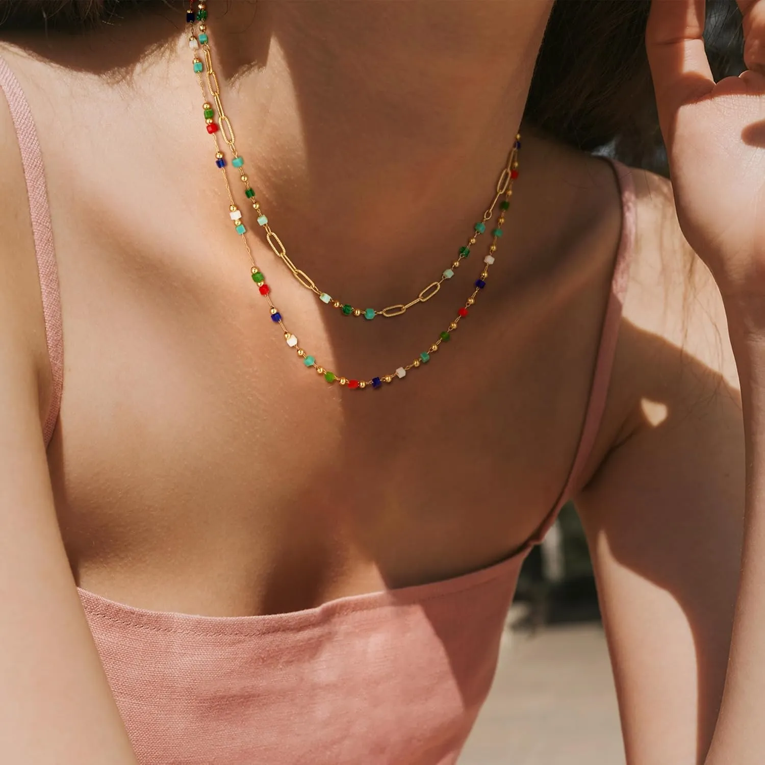 MTMY Beaded Necklaces for Women 14K Gold Plated Dainty Colorful Green/Rose Beaded Pearl Choker Necklace Delicate Boho Choker Necklace Jewelry Gift