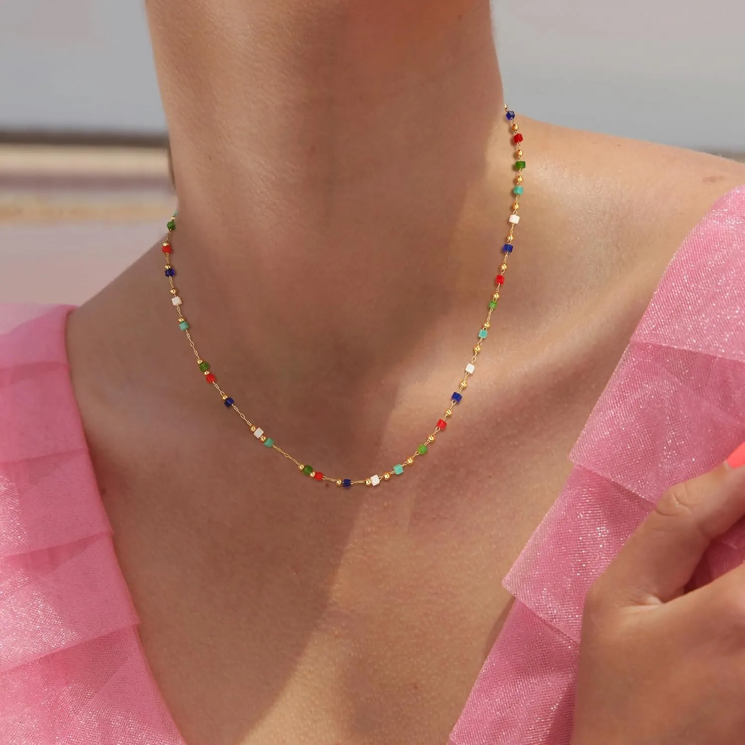 MTMY Beaded Necklaces for Women 14K Gold Plated Dainty Colorful Green/Rose Beaded Pearl Choker Necklace Delicate Boho Choker Necklace Jewelry Gift
