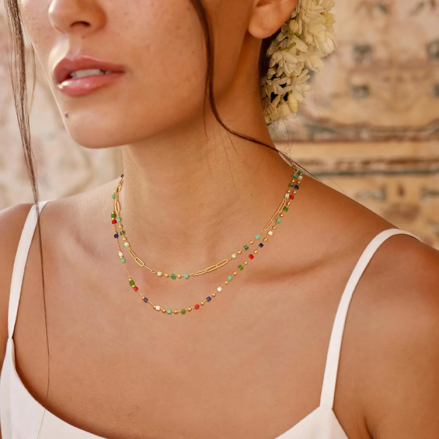MTMY Beaded Necklaces for Women 14K Gold Plated Dainty Colorful Green/Rose Beaded Pearl Choker Necklace Delicate Boho Choker Necklace Jewelry Gift