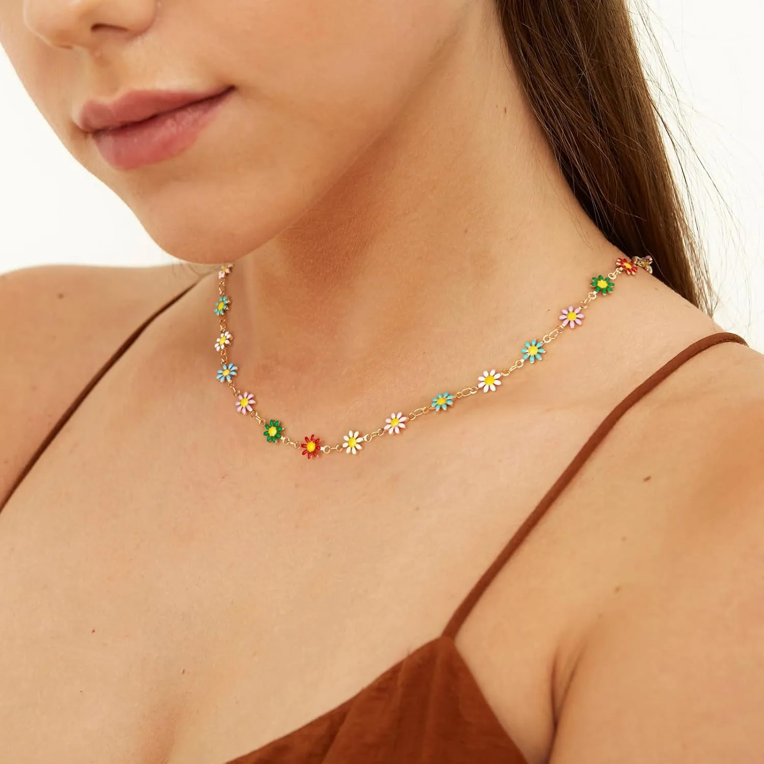 MTMY Beaded Necklaces for Women 14K Gold Plated Dainty Colorful Green/Rose Beaded Pearl Choker Necklace Delicate Boho Choker Necklace Jewelry Gift