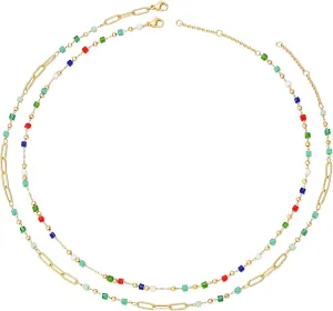 MTMY Beaded Necklaces for Women 14K Gold Plated Dainty Colorful Green/Rose Beaded Pearl Choker Necklace Delicate Boho Choker Necklace Jewelry Gift