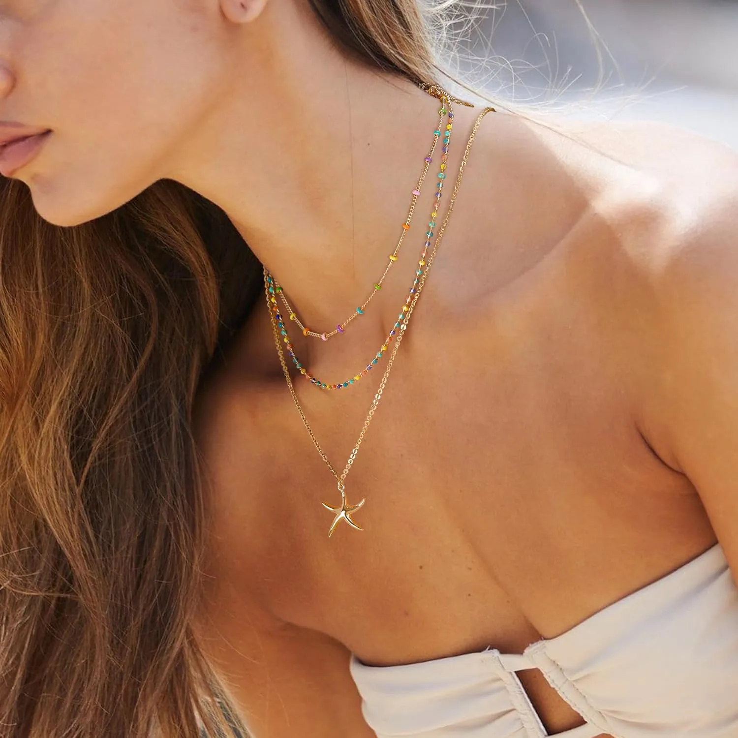 MTMY Beaded Necklaces for Women 14K Gold Plated Dainty Colorful Green/Rose Beaded Pearl Choker Necklace Delicate Boho Choker Necklace Jewelry Gift