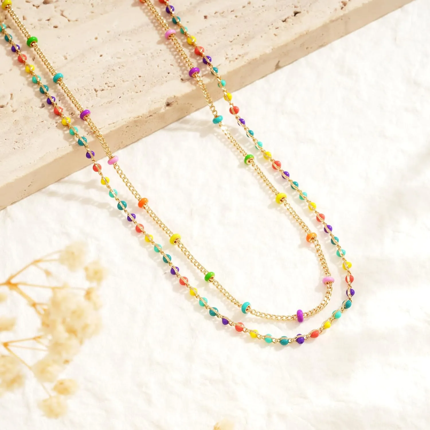 MTMY Beaded Necklaces for Women 14K Gold Plated Dainty Colorful Green/Rose Beaded Pearl Choker Necklace Delicate Boho Choker Necklace Jewelry Gift