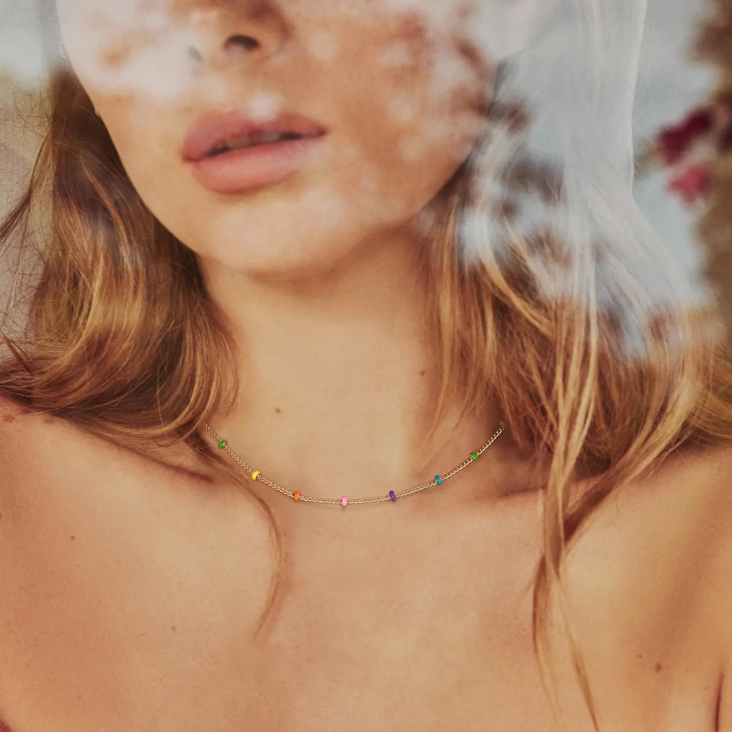 MTMY Beaded Necklaces for Women 14K Gold Plated Dainty Colorful Green/Rose Beaded Pearl Choker Necklace Delicate Boho Choker Necklace Jewelry Gift