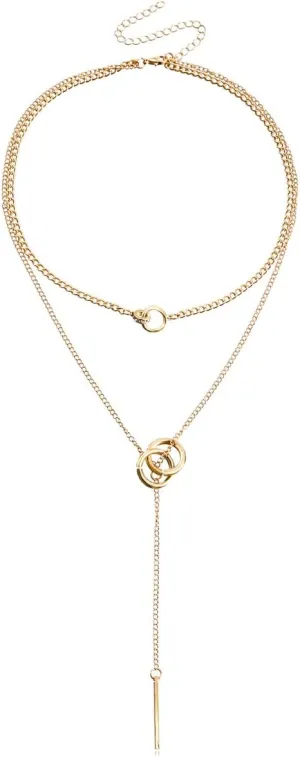 Multi Layer Necklace Fashionable Long Tassel Sweater Chain Loop Long Stick Pendant Collarbone Chain Stylish Double Loops Long Adjustable Necklace Jewelry for Women