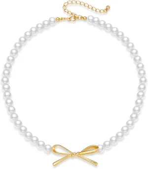 MUYAN Gold Bow Pearl Choker Necklace for Women Boho Pearl Necklace Bow Jewelry