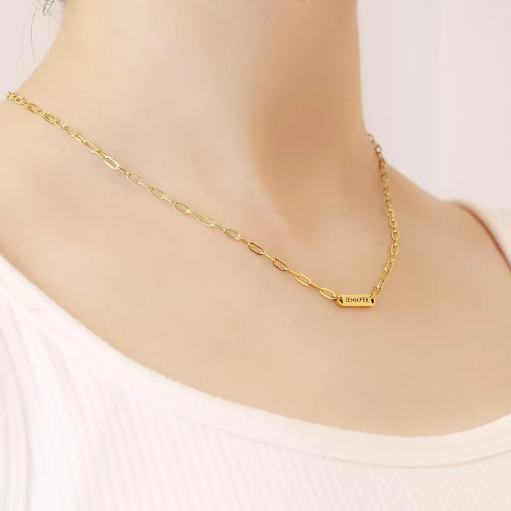 Name Necklaces for Women Minimalist Engraved Charm Necklace with Stainless Steel Paperclip Chain Necklace