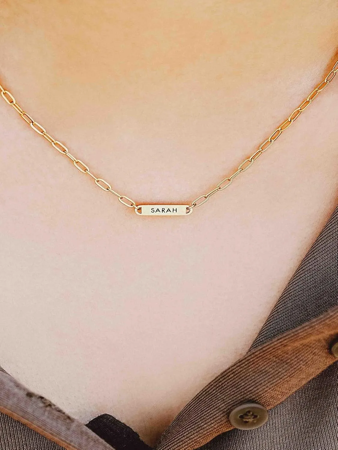 Name Necklaces for Women Minimalist Engraved Charm Necklace with Stainless Steel Paperclip Chain Necklace
