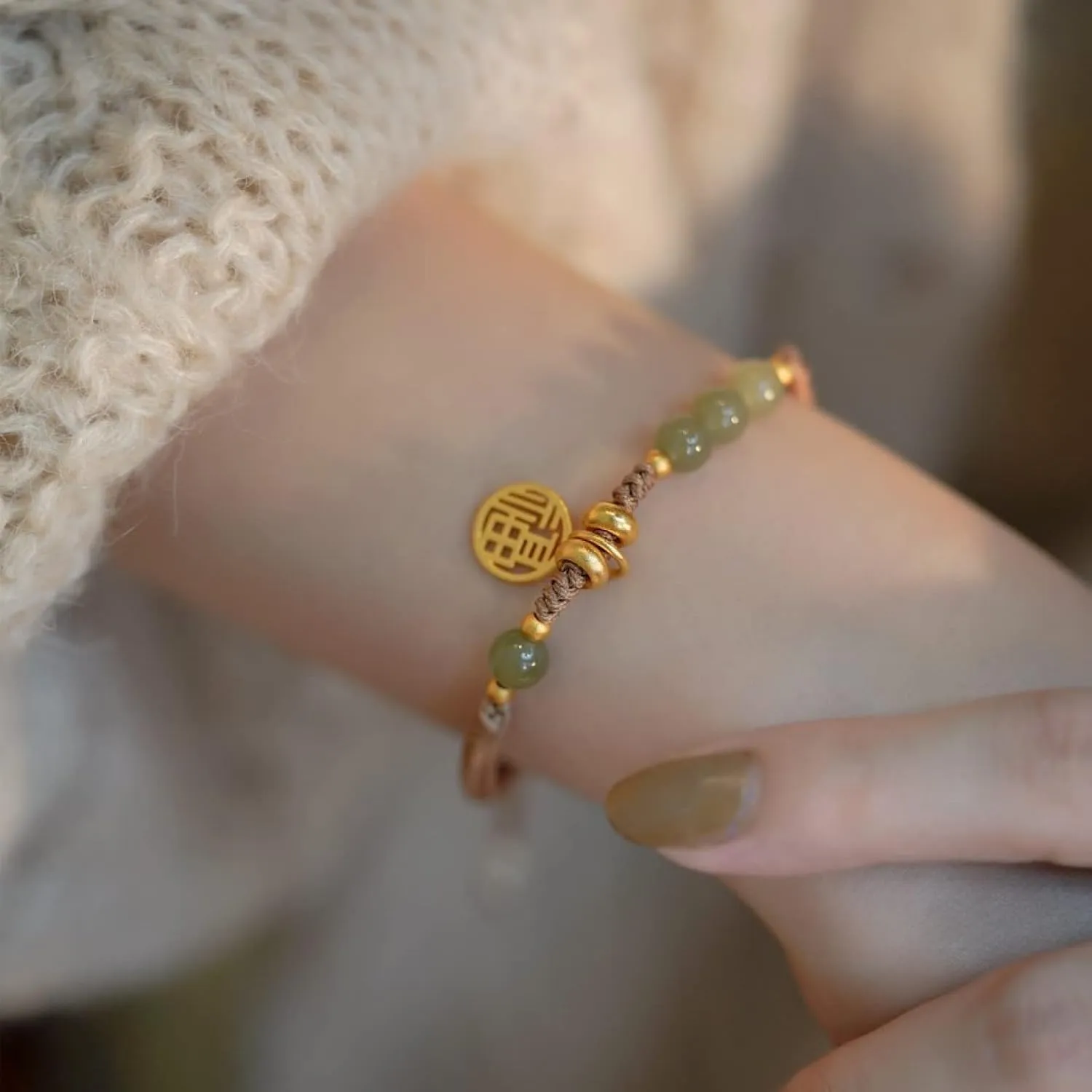 Natural Jade Woven Braided Bracelets Women Girls,Gold Charm
