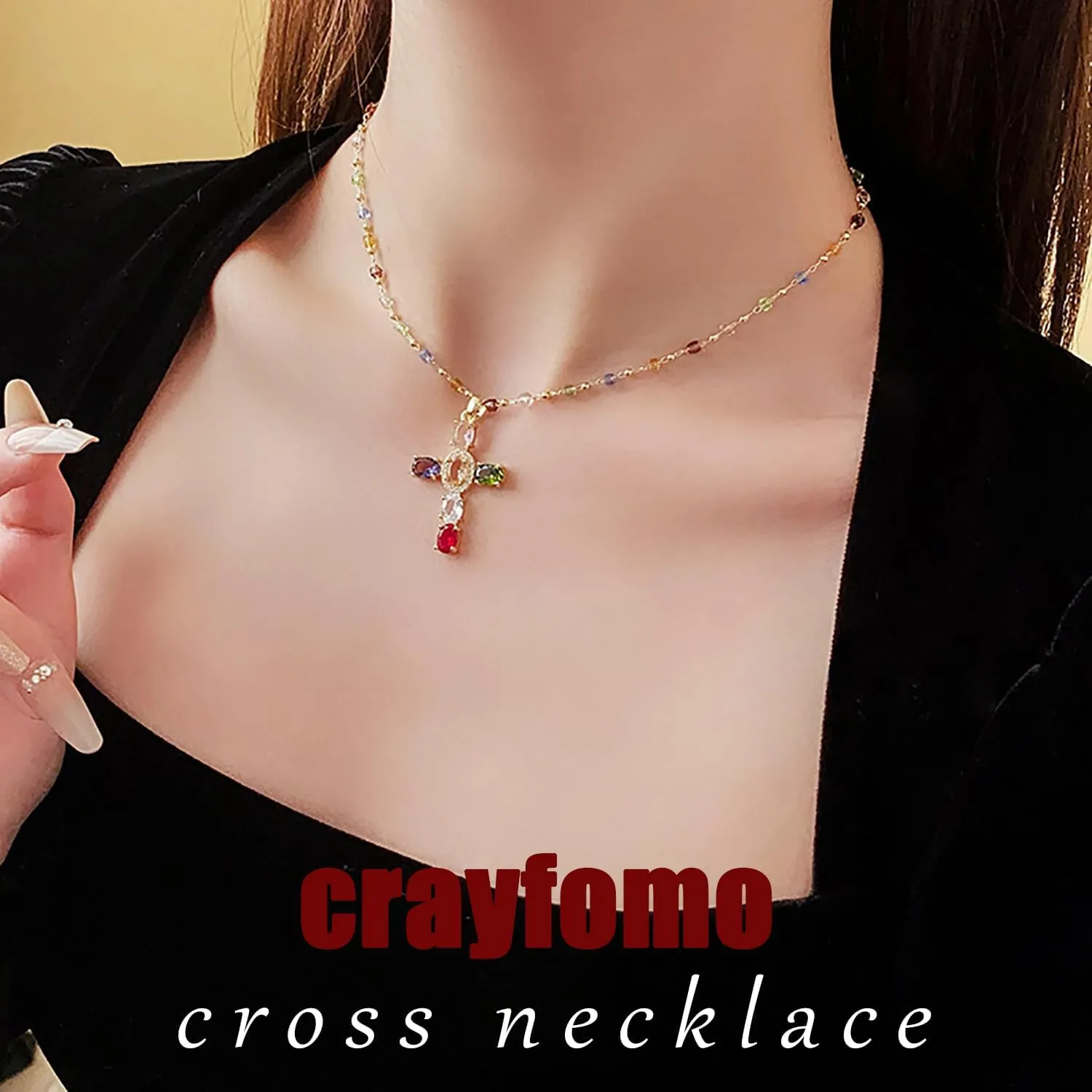Necklace 2PCS Colorful Rhinestone Cross Pendant Adjustable Length Necklaces for Women Fashion Jewelry