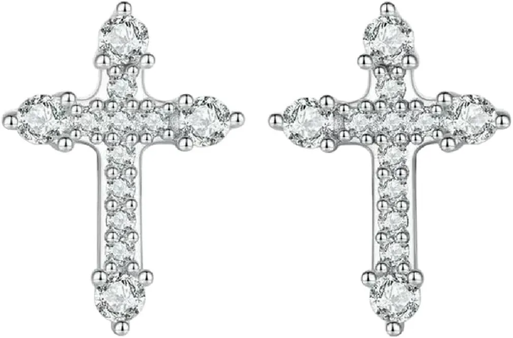 New 2025 Platinum Plated Cross Cz Stud Earrings 925 Sterling Silver Hypoallergenic Classic Elegant Faith Earrings Fashion Jewellry Decoration Jewelry Commemorative Accessories Trendy Best For Gift