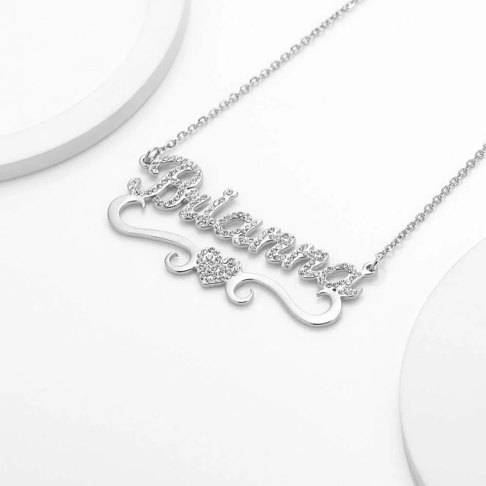 NOUMANDA Full Diamond Personalized Custom Name Necklace Love Heart Pendant Delicate Shining Initial Letter Jewelry for Women