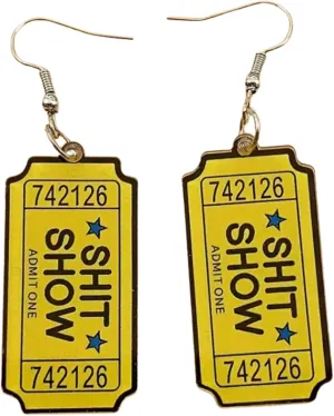Novelty Shit Show Ticket Dangle Earrings, Yellow, 2.5 Inch Length, Admit One