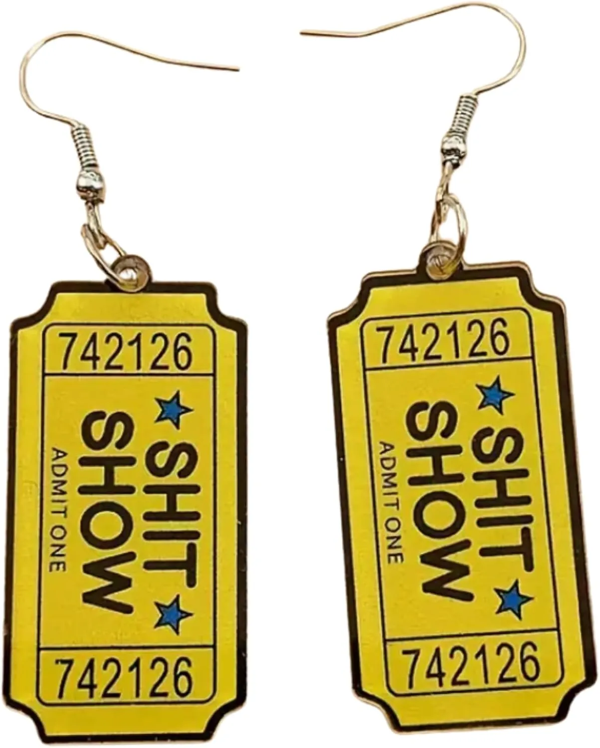 Novelty Shit Show Ticket Dangle Earrings, Yellow, 2.5 Inch Length, Admit One