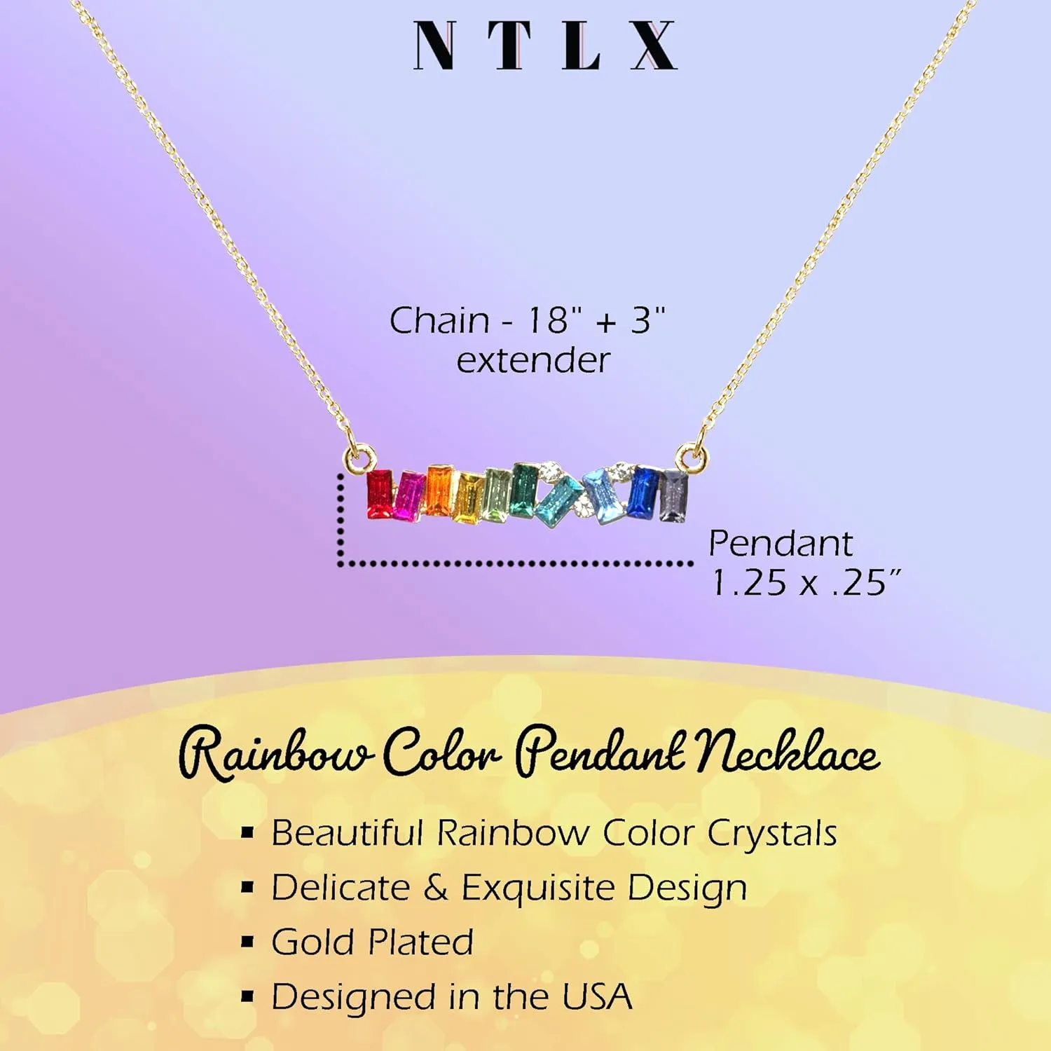 NTLX Rainbow Color Necklace Pendant for Women  Delicate & Elegant  14K Gold Plated  Embellished with Beautiful Rhinestone Crystals  Gift Box Included