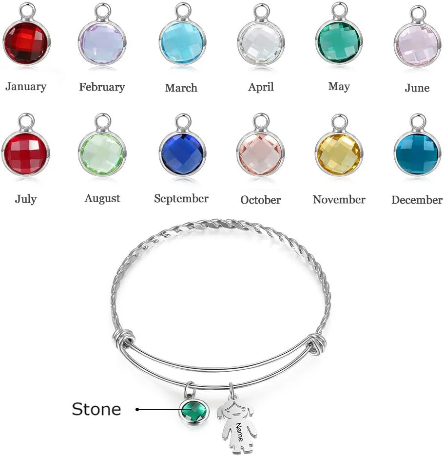 OPALSTOCK Personalized Simulated Birthstones Bracelets for Women Dolls Boy and Girl Names Mom Bangle Customized Infinity Charm Gift