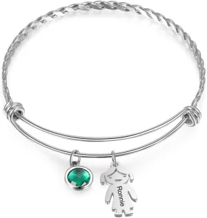 OPALSTOCK Personalized Simulated Birthstones Bracelets for Women Dolls Boy and Girl Names Mom Bangle Customized Infinity Charm Gift