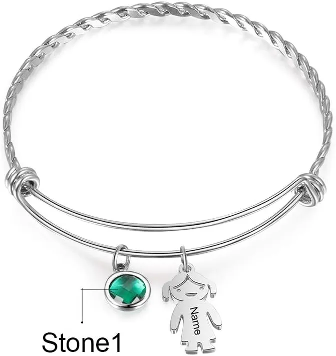 OPALSTOCK Personalized Simulated Birthstones Bracelets for Women Dolls Boy and Girl Names Mom Bangle Customized Infinity Charm Gift