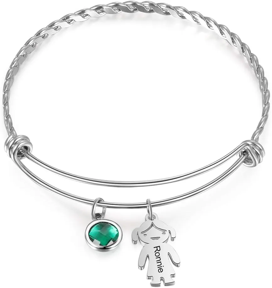 OPALSTOCK Personalized Simulated Birthstones Bracelets for Women Dolls Boy and Girl Names Mom Bangle Customized Infinity Charm Gift