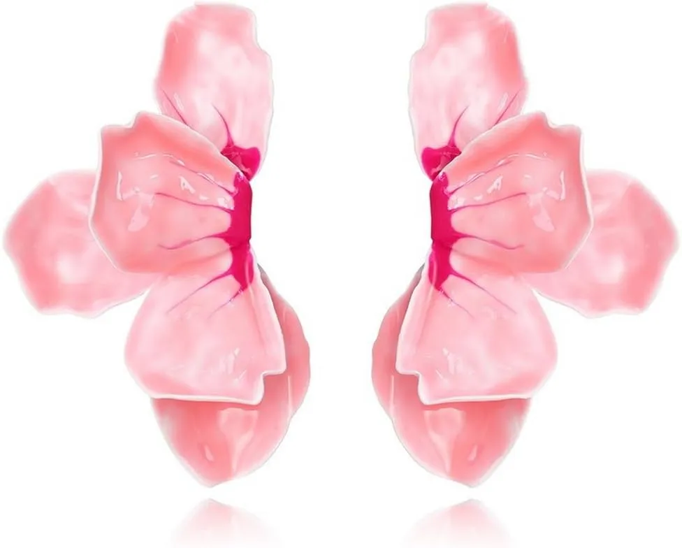 Oversized Petals Large Boho Stud Earrings for Women Enamel Pink Large Flower Hawaiian Vacation Cute Funky Statement Fashion Jewelry