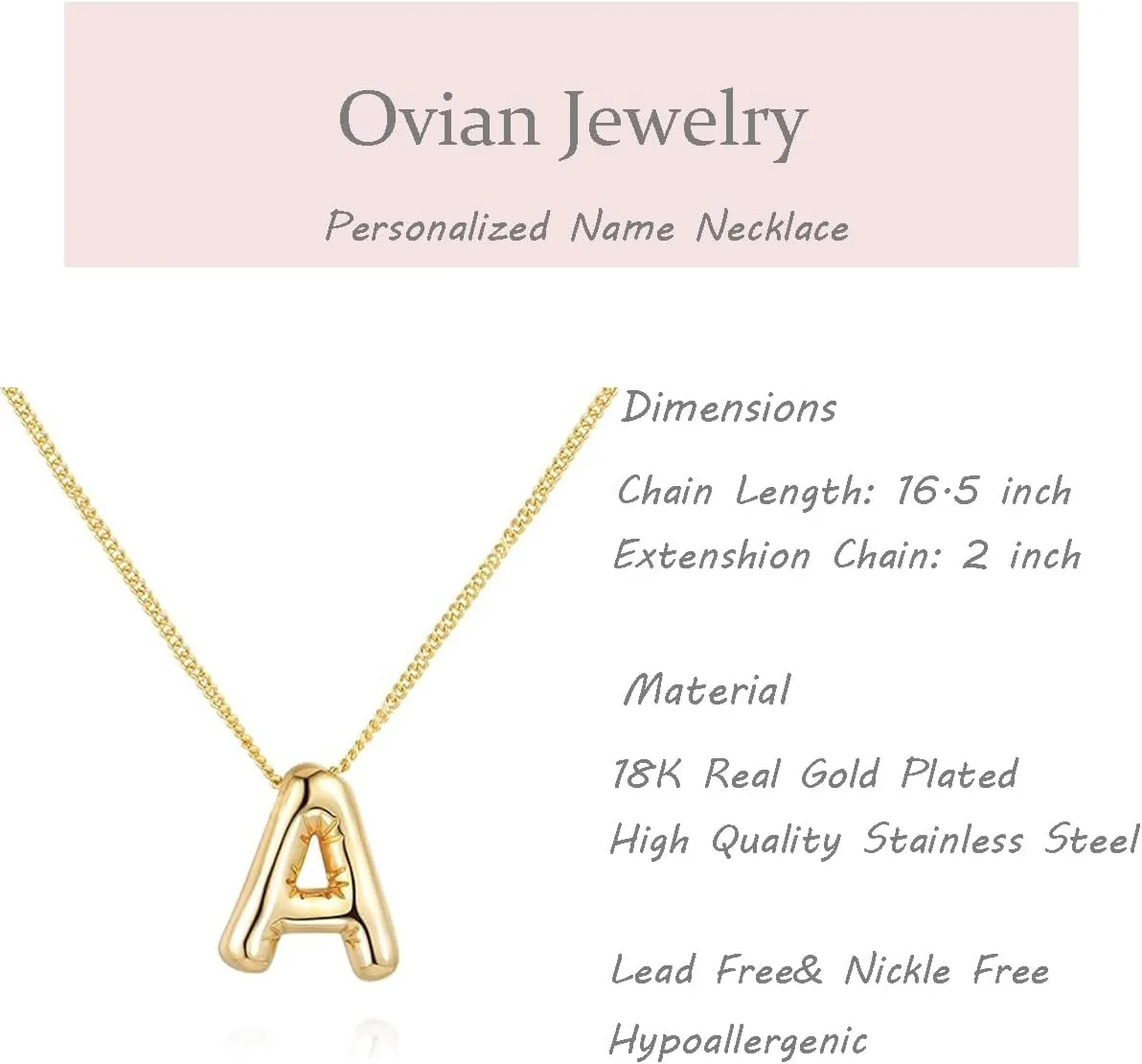 Ovian Balloon Letters Necklace for Women 18K Gold Plated Stainless Steel Personalized Name Necklace Delicate Gold Initial Necklace