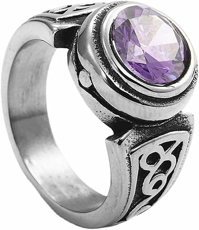 PAMTIER Unisex Stainless Steel Silver Vintage Classic Round Gemstone Signet Biker Wedding Ring
