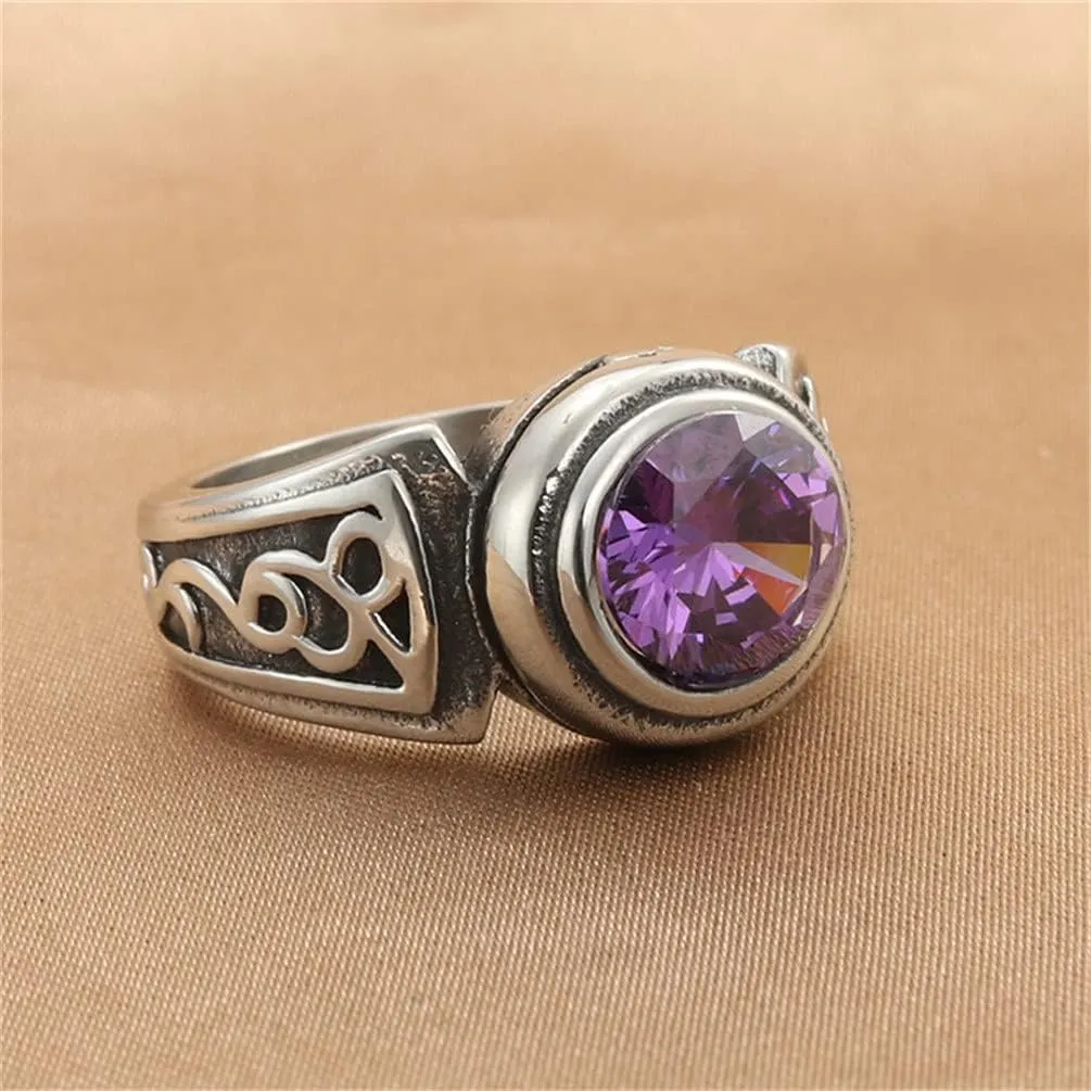 PAMTIER Unisex Stainless Steel Silver Vintage Classic Round Gemstone Signet Biker Wedding Ring